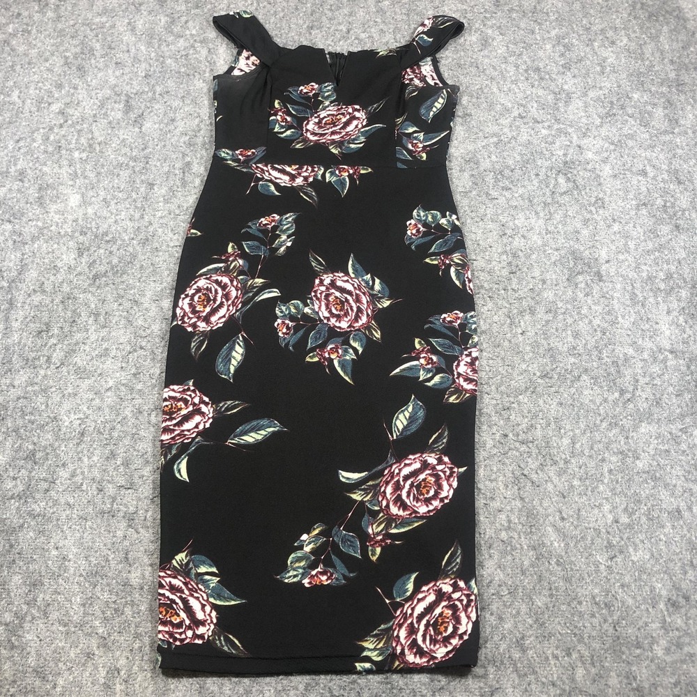 AX Paris Bodycon Midi Dress Womens 10 Black Floral Ruffle Strap‎ Stretch Knit